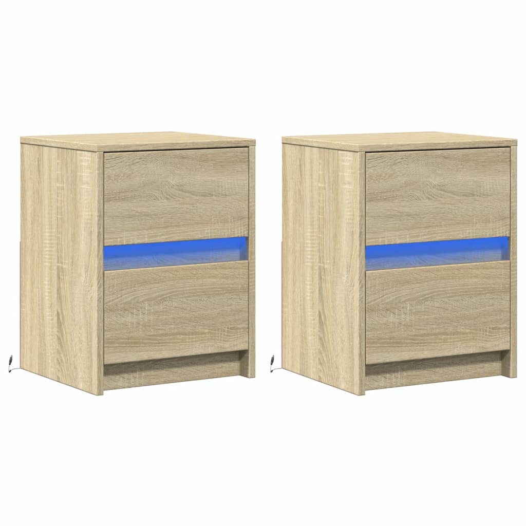 vidaXL Noptiere cu lumini LED, 2 buc., stejar sonoma, lemn prelucrat