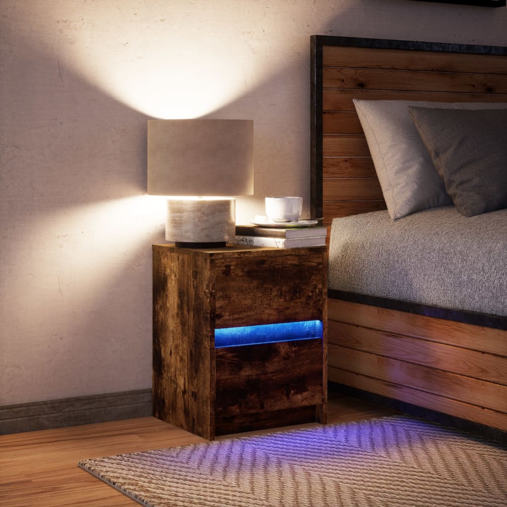 vidaXL Noptieră cu lumini LED, stejar fumuriu, lemn prelucrat vidaXL Noptieră cu lumini LED, stejar fumuriu, lemn prelucrat