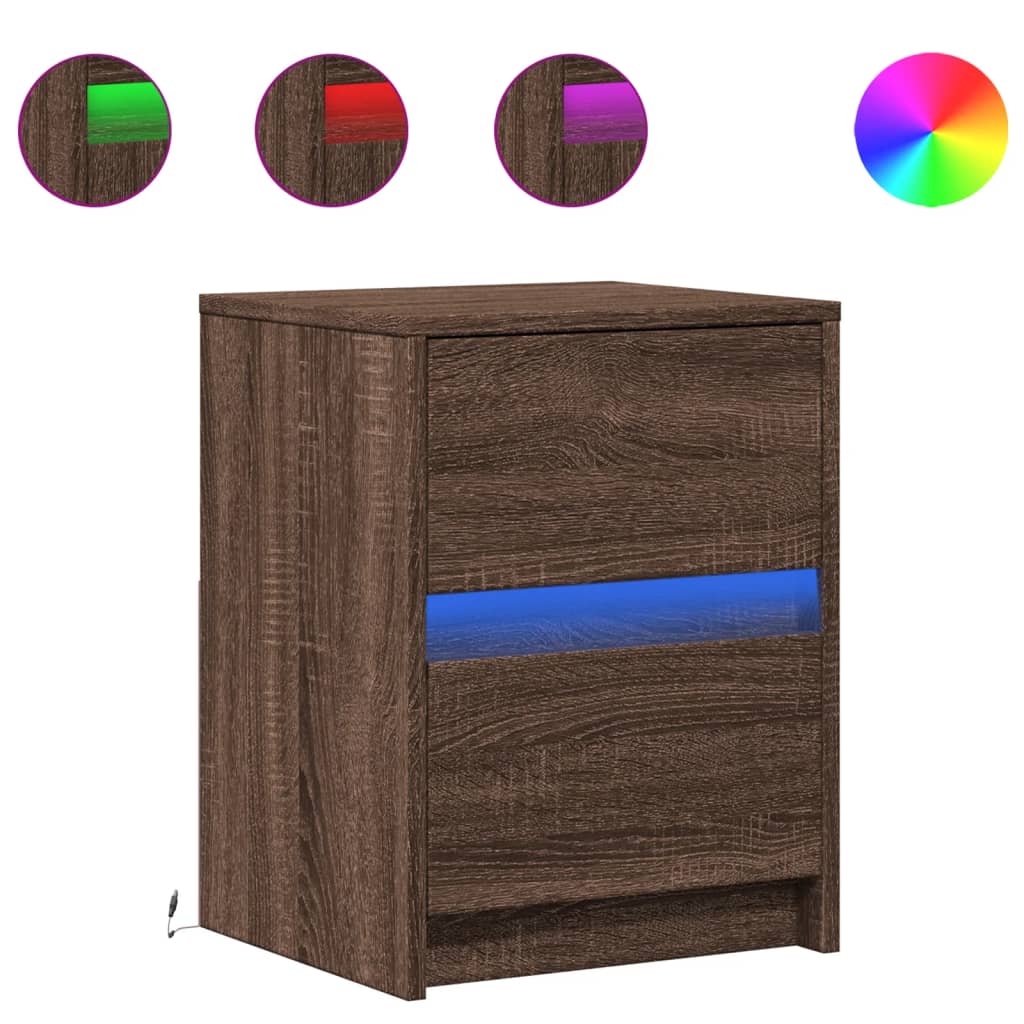 vidaXL Noptieră cu lumini LED, stejar maro, lemn prelucrat vidaXL Noptieră cu lumini LED, stejar maro, lemn prelucrat
