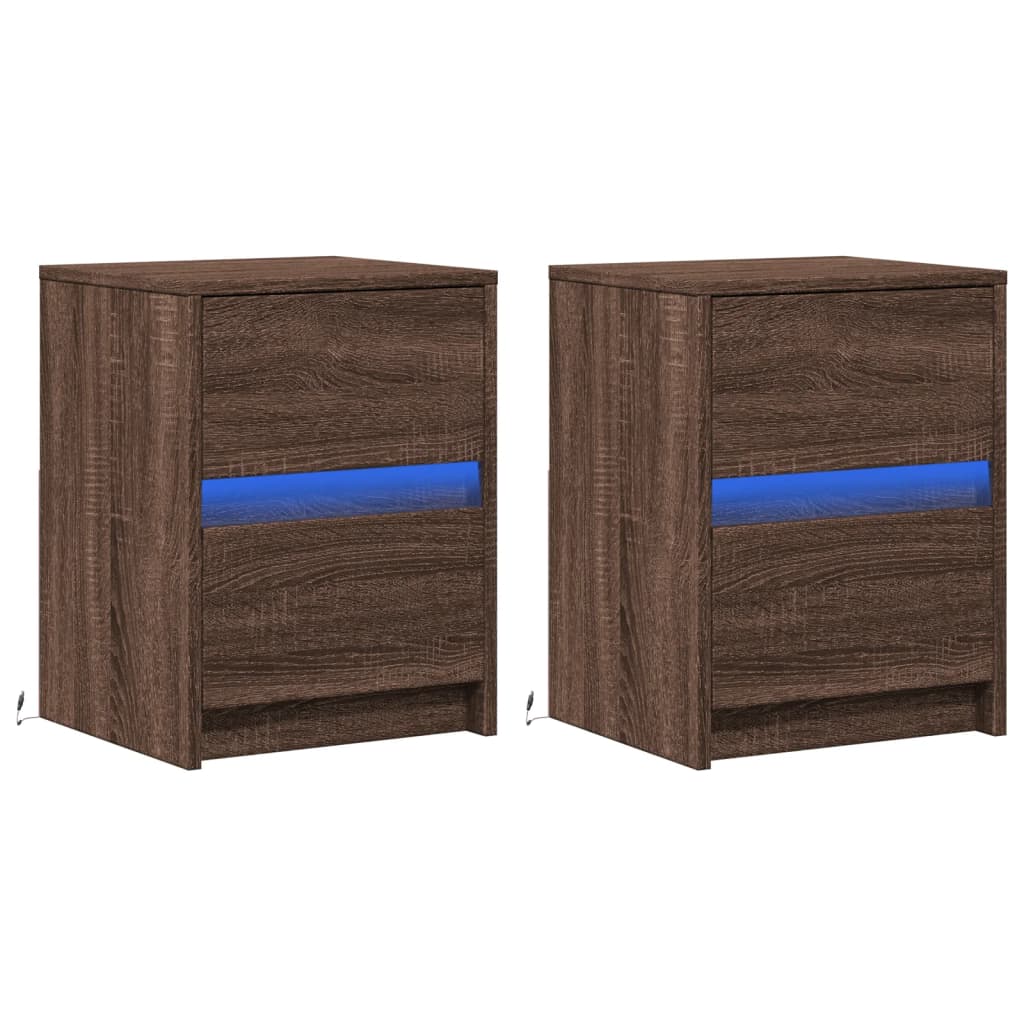 vidaXL Noptiere cu lumini LED, 2 buc., stejar maro, lemn prelucrat