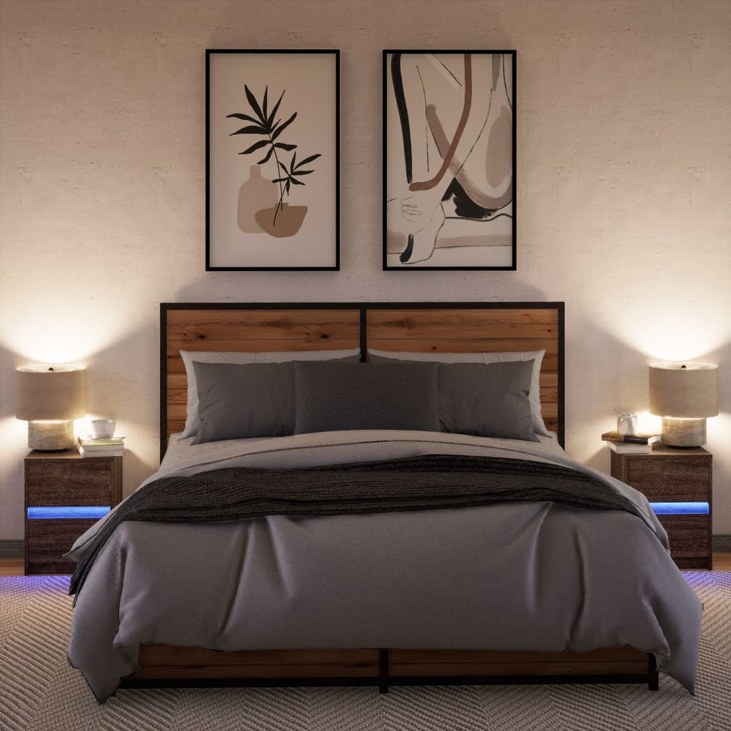 vidaXL Noptiere cu lumini LED, 2 buc., stejar maro, lemn prelucrat