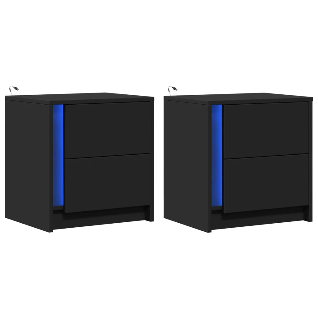 vidaXL Noptiere cu lumini LED, 2 buc., negru, lemn prelucrat