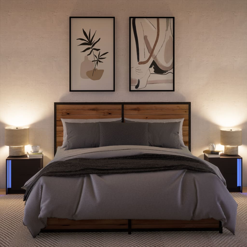 vidaXL Noptiere cu lumini LED, 2 buc., negru, lemn prelucrat