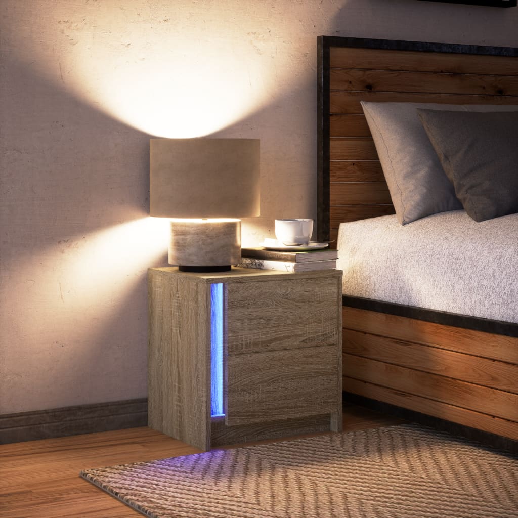 vidaXL Noptieră cu lumini LED, stejar sonoma, lemn prelucrat vidaXL Noptieră cu lumini LED, stejar sonoma, lemn prelucrat