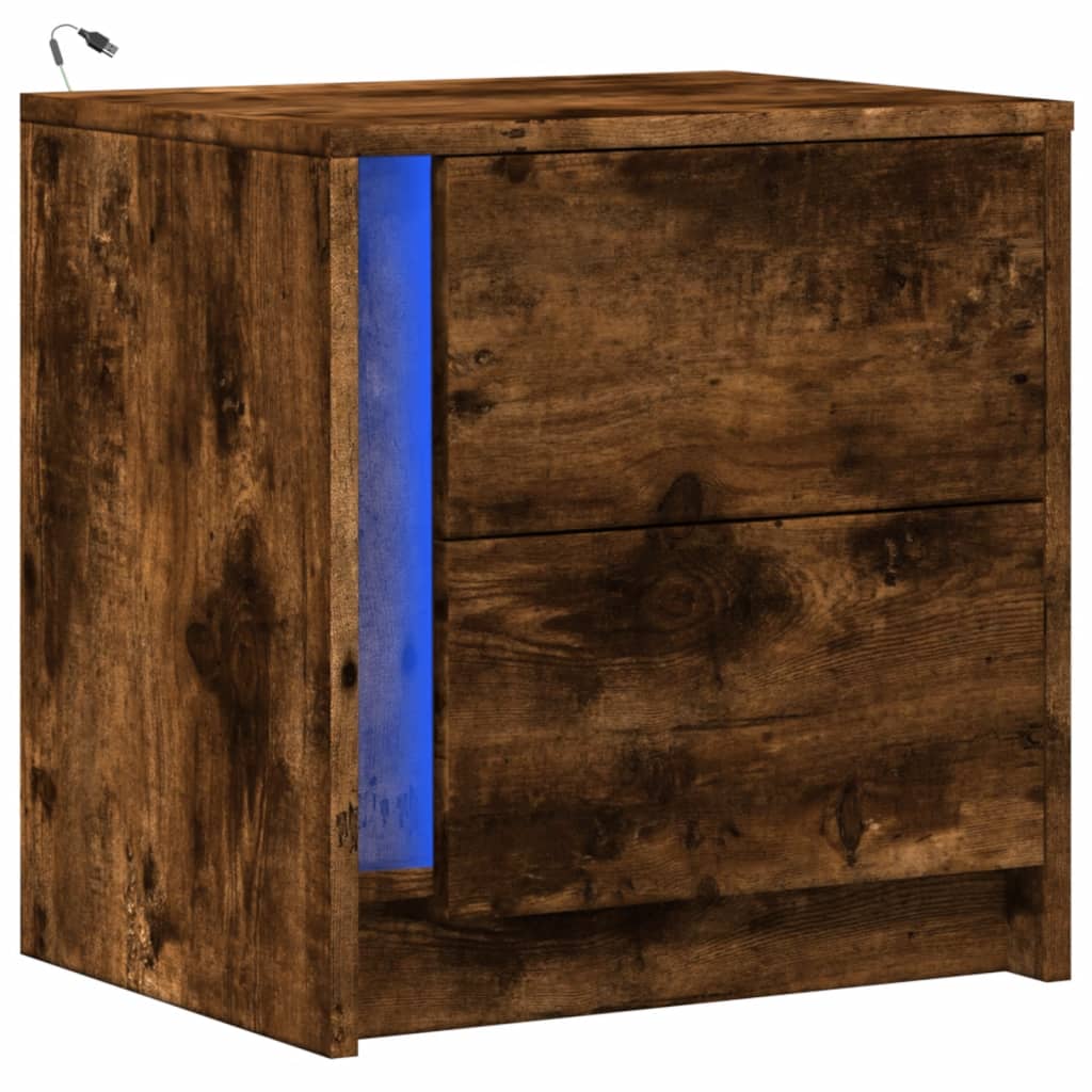 vidaXL Noptieră cu lumini LED, stejar fumuriu, lemn prelucrat vidaXL Noptieră cu lumini LED, stejar fumuriu, lemn prelucrat