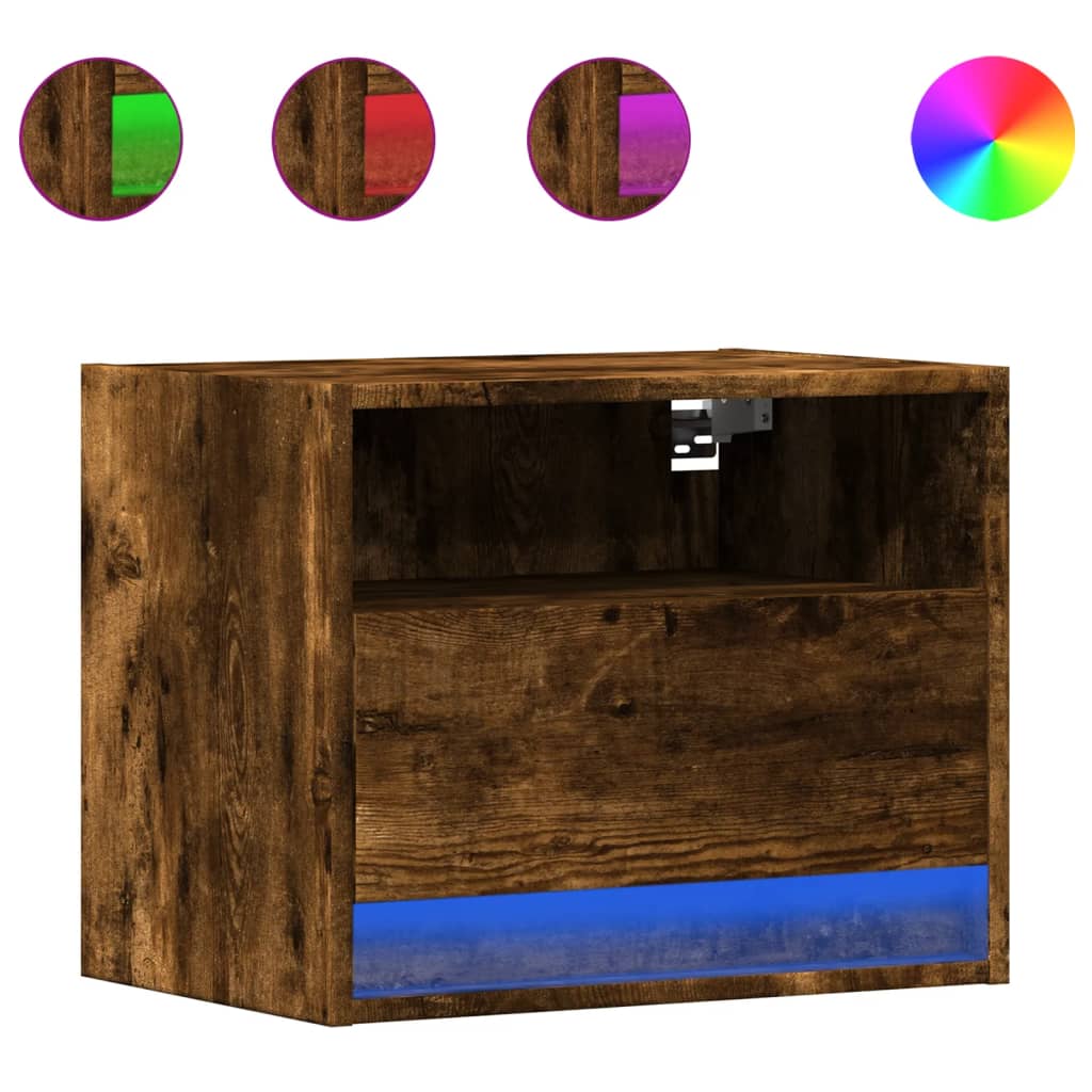 vidaXL Noptieră montată pe perete cu lumini LED, stejar fumuriu