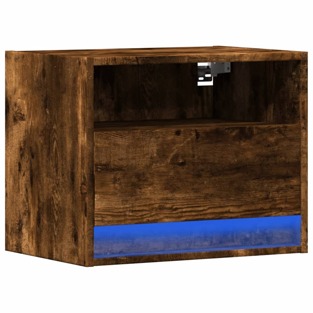 vidaXL Noptieră montată pe perete cu lumini LED, stejar fumuriu