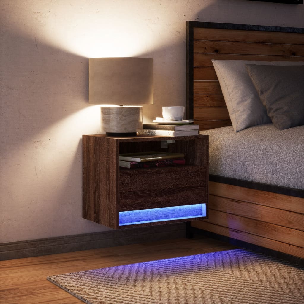 vidaXL Noptieră montată pe perete cu lumini LED, stejar maro