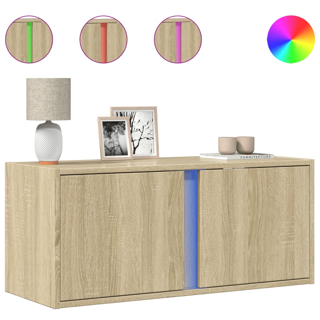 vidaXL Comodă TV de perete cu lumini LED, stejar sonoma, 80x31x35 cm vidaXL Comodă TV de perete cu lumini LED, stejar sonoma, 80x31x35 cm