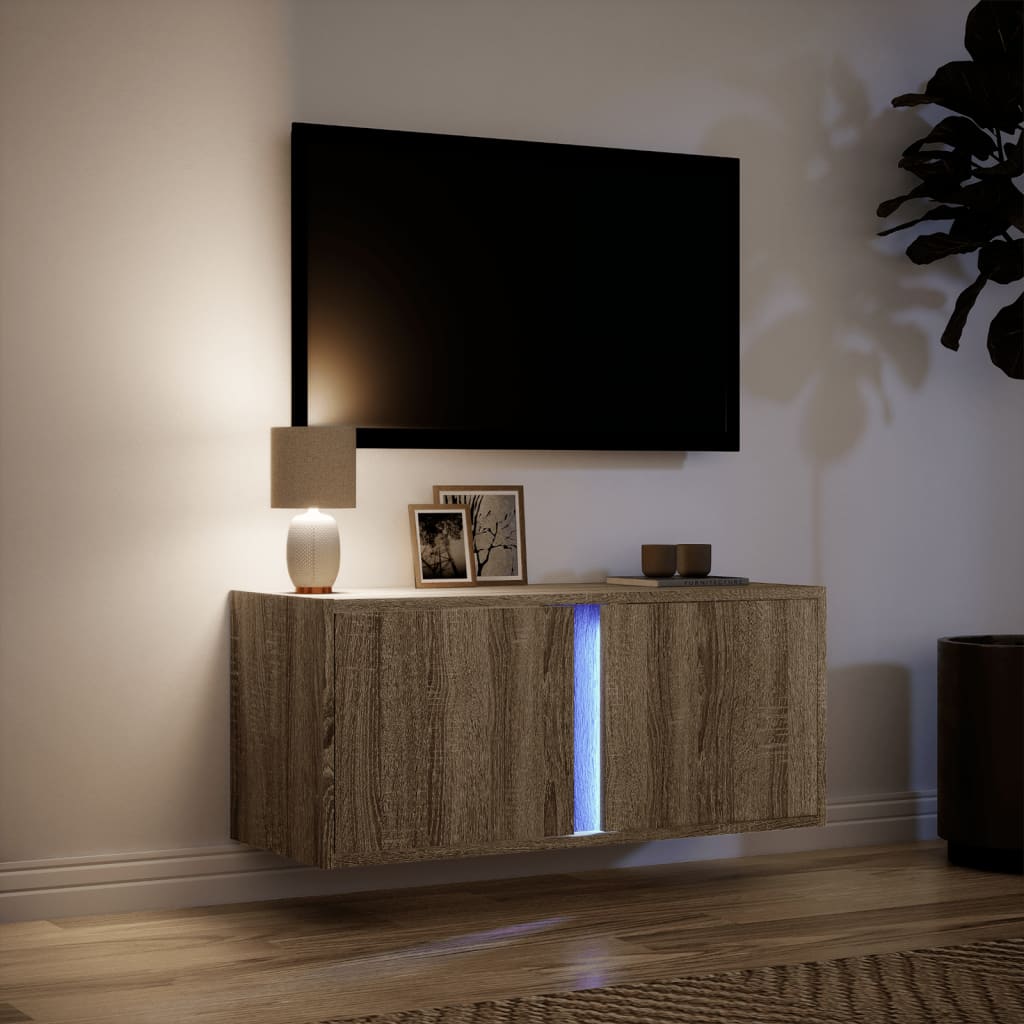 vidaXL Comodă TV de perete cu lumini LED, stejar sonoma, 80x31x35 cm vidaXL Comodă TV de perete cu lumini LED, stejar sonoma, 80x31x35 cm