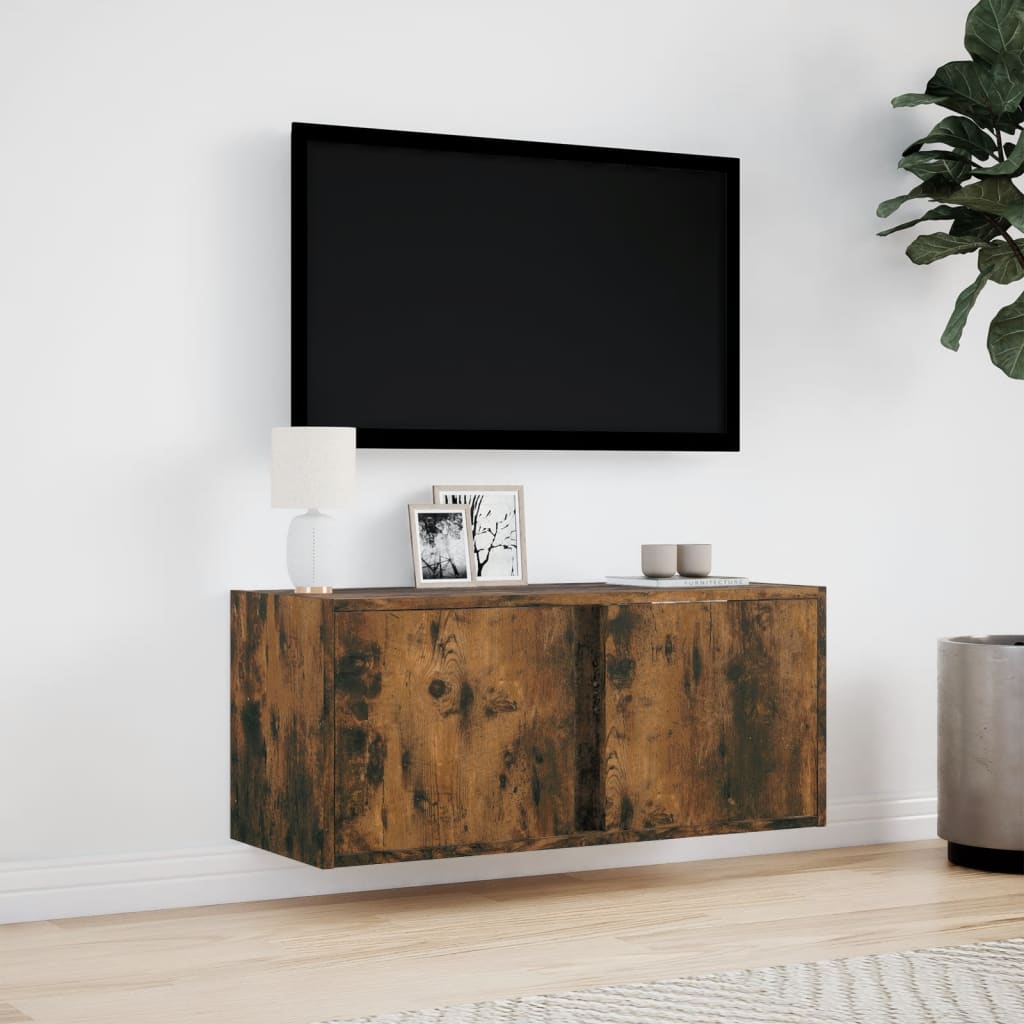 vidaXL Comodă TV de perete cu lumini LED, stejar fumuriu, 80x31x35 cm vidaXL Comodă TV de perete cu lumini LED, stejar fumuriu, 80x31x35 cm