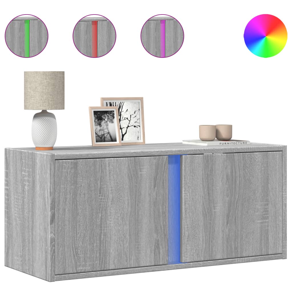vidaXL Comodă TV de perete cu lumini LED, gri sonoma, 80x31x35 cm vidaXL Comodă TV de perete cu lumini LED, gri sonoma, 80x31x35 cm