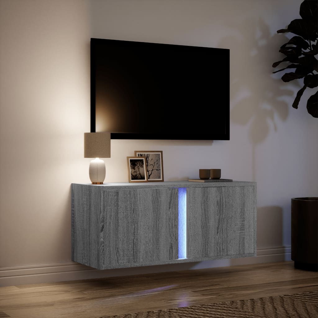 vidaXL Comodă TV de perete cu lumini LED, gri sonoma, 80x31x35 cm vidaXL Comodă TV de perete cu lumini LED, gri sonoma, 80x31x35 cm