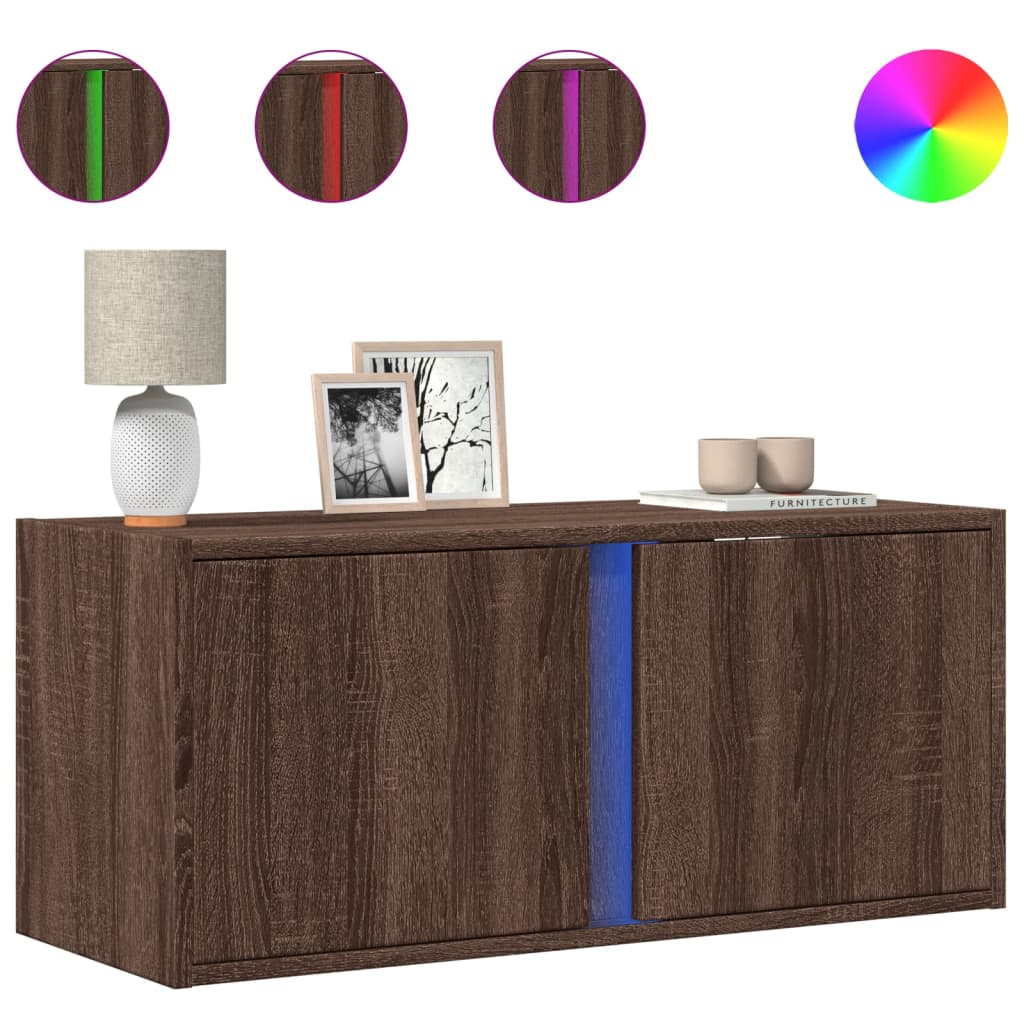 vidaXL Comodă TV de perete cu lumini LED, stejar maro, 80x31x35 cm vidaXL Comodă TV de perete cu lumini LED, stejar maro, 80x31x35 cm