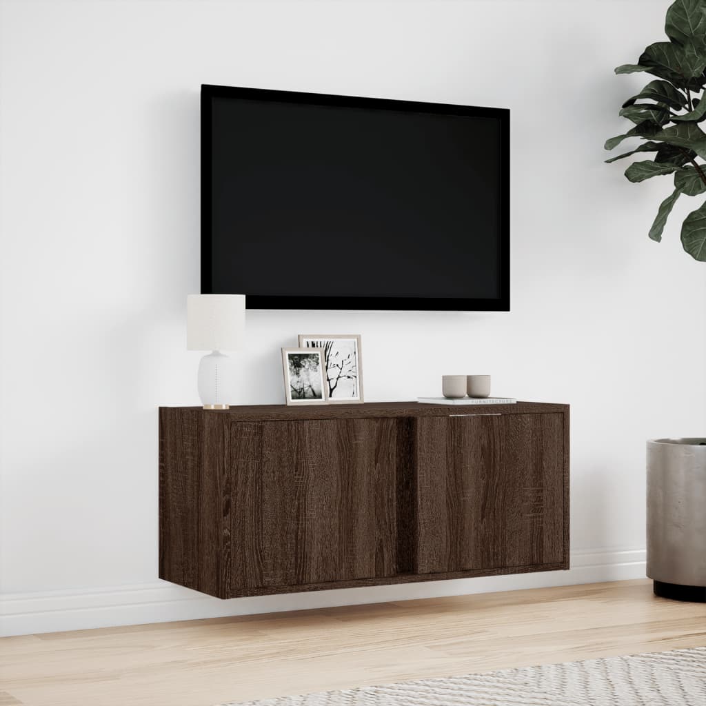vidaXL Comodă TV de perete cu lumini LED, stejar maro, 80x31x35 cm vidaXL Comodă TV de perete cu lumini LED, stejar maro, 80x31x35 cm