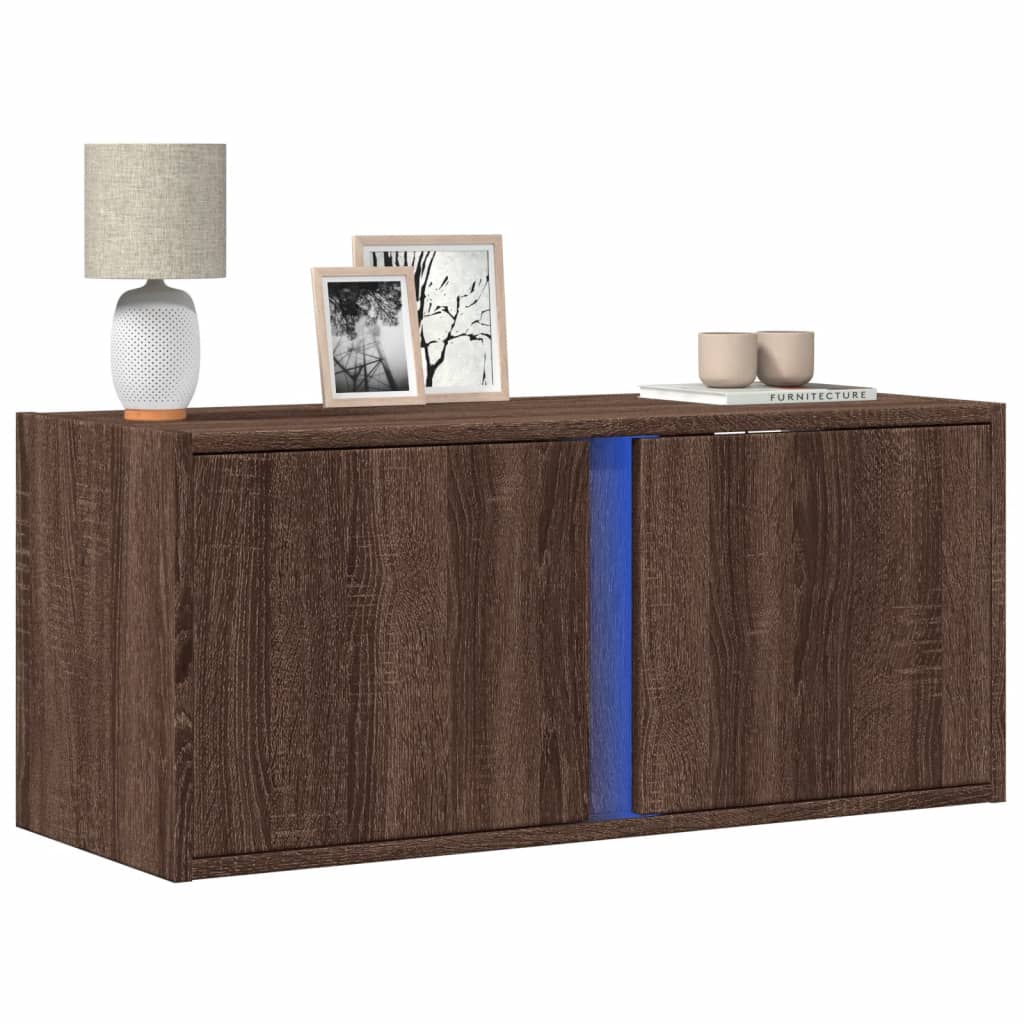 vidaXL Comodă TV de perete cu lumini LED, stejar maro, 80x31x35 cm vidaXL Comodă TV de perete cu lumini LED, stejar maro, 80x31x35 cm