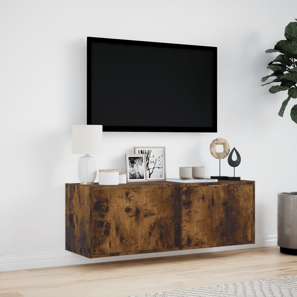 vidaXL Dulap TV de perete cu lumini LED, stejar fumuriu, 100x31x35 cm vidaXL Dulap TV de perete cu lumini LED, stejar fumuriu, 100x31x35 cm