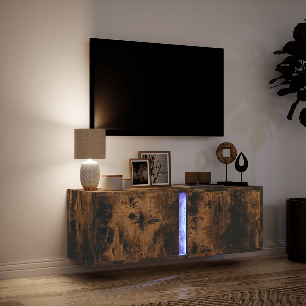 vidaXL Dulap TV de perete cu lumini LED, stejar fumuriu, 100x31x35 cm vidaXL Dulap TV de perete cu lumini LED, stejar fumuriu, 100x31x35 cm