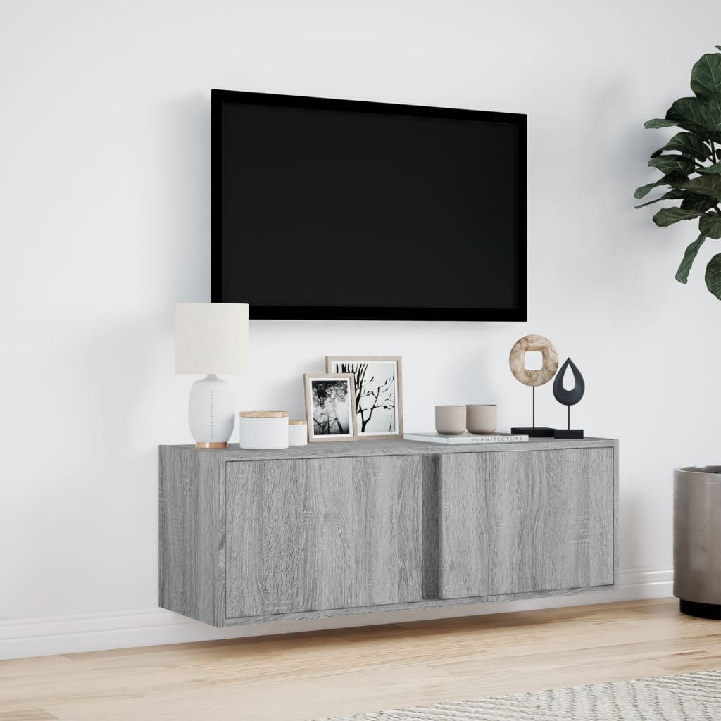 vidaXL Dulap TV de perete cu lumini LED, gri sonoma, 100x31x35 cm vidaXL Dulap TV de perete cu lumini LED, gri sonoma, 100x31x35 cm