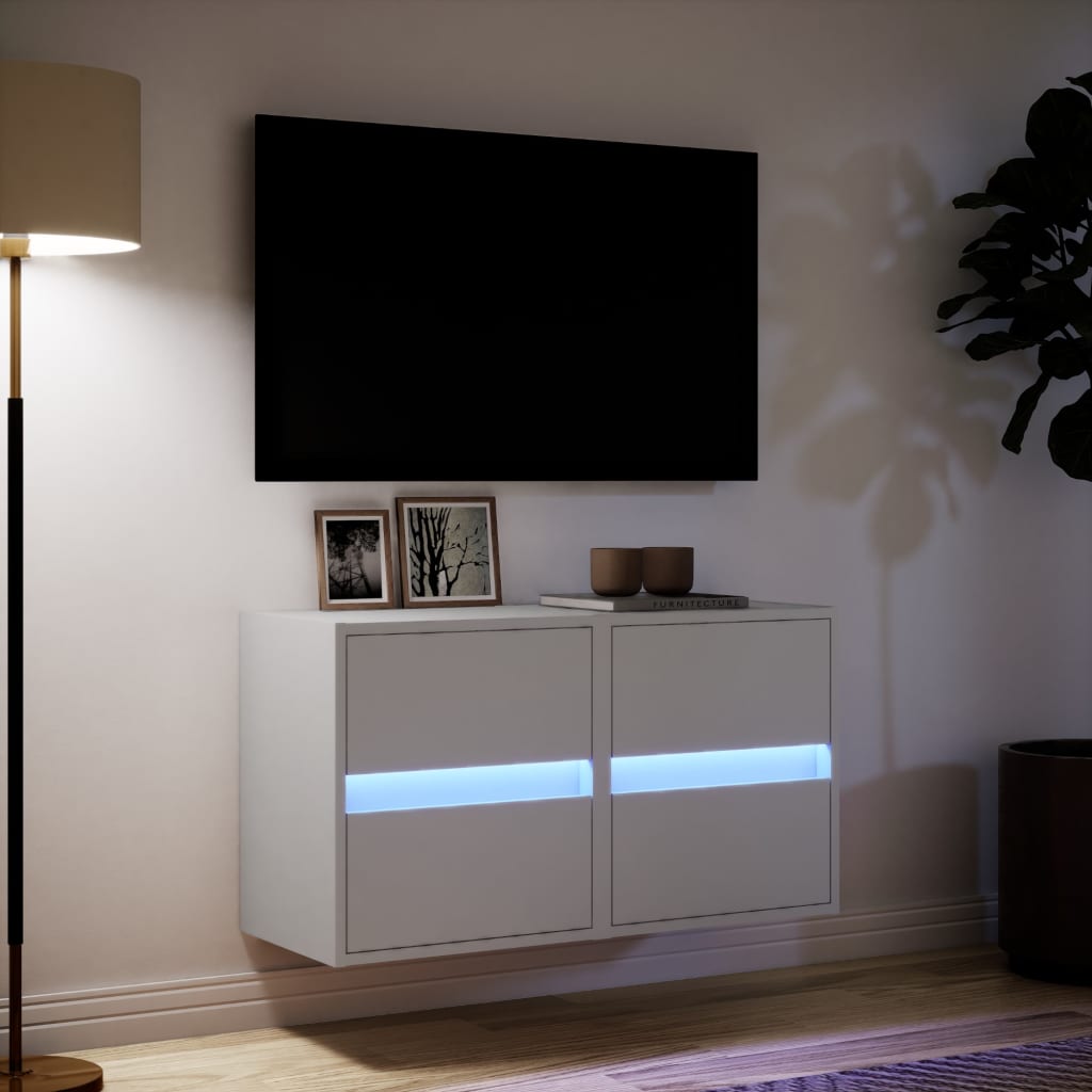 vidaXL Comode TV de perete cu lumini LED, 2 buc., alb, 41x31x45 cm