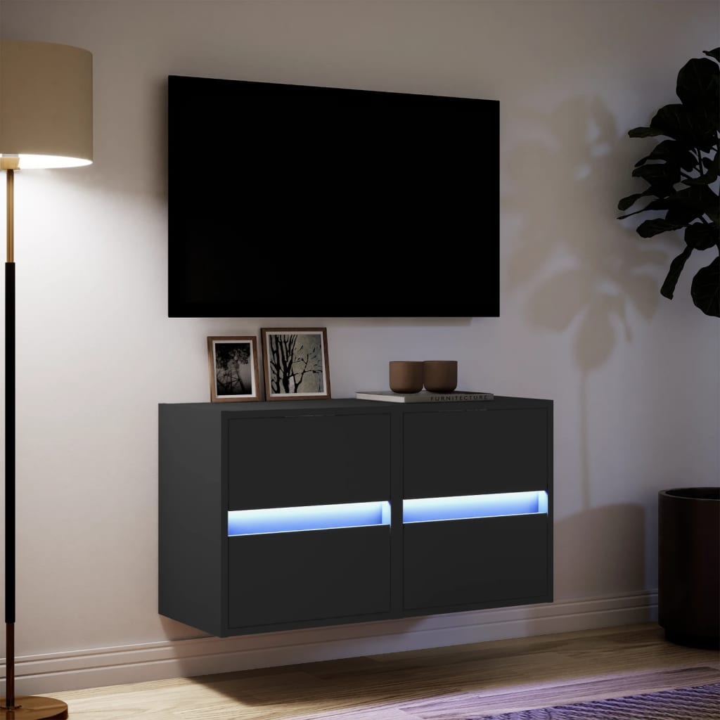 vidaXL Comode TV de perete cu lumini LED, 2 buc., negru, 41x31x45 cm