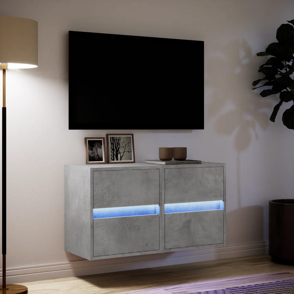 vidaXL Comode TV de perete cu lumini LED 2 buc. gri beton 41x31x45 cm