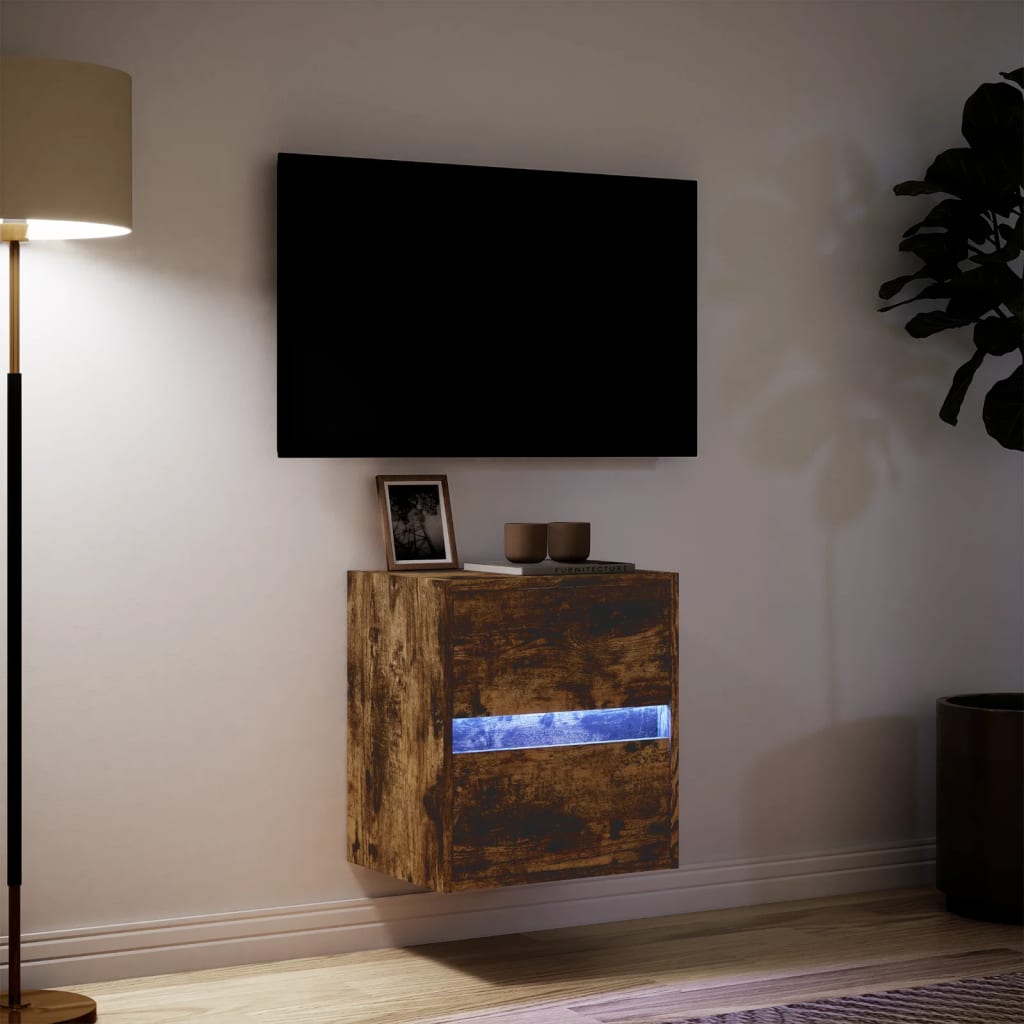 vidaXL Comodă TV de perete cu lumini LED, stejar fumuriu, 41x31x45 cm vidaXL Comodă TV de perete cu lumini LED, stejar fumuriu, 41x31x45 cm