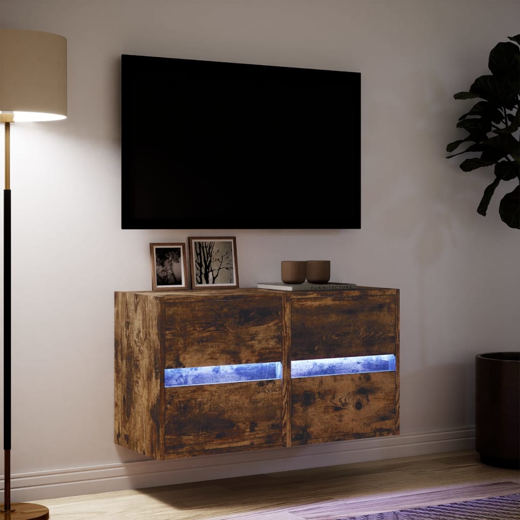 vidaXL Comodă TV de perete cu LED, 2 buc. stejar fumuriu, 41x31x45 cm vidaXL Comodă TV de perete cu LED, 2 buc. stejar fumuriu, 41x31x45 cm