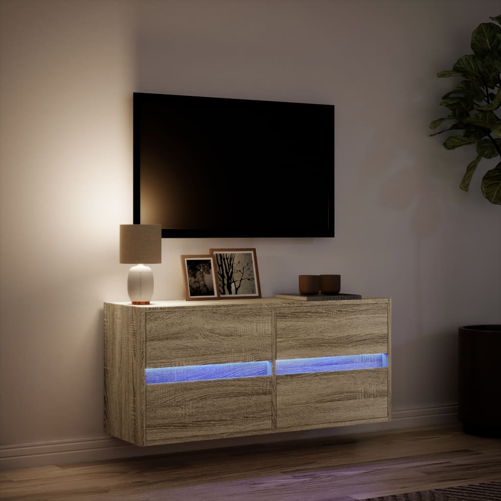 vidaXL Comodă TV de perete cu lumini LED, stejar sonoma, 100x31x45 cm vidaXL Comodă TV de perete cu lumini LED, stejar sonoma, 100x31x45 cm