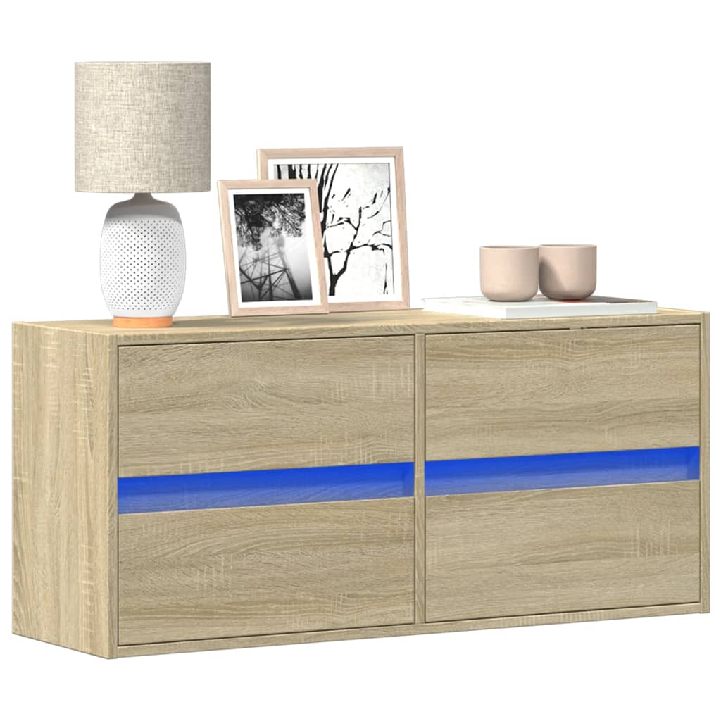 vidaXL Comodă TV de perete cu lumini LED, stejar sonoma, 100x31x45 cm vidaXL Comodă TV de perete cu lumini LED, stejar sonoma, 100x31x45 cm