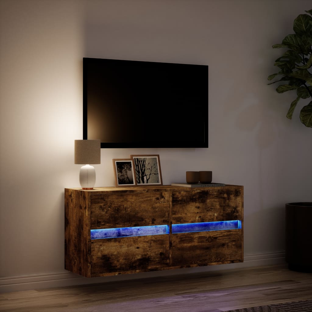 vidaXL Comodă TV de perete cu lumini LED, stejar fumuriu, 100x31x45 cm vidaXL Comodă TV de perete cu lumini LED, stejar fumuriu, 100x31x45 cm