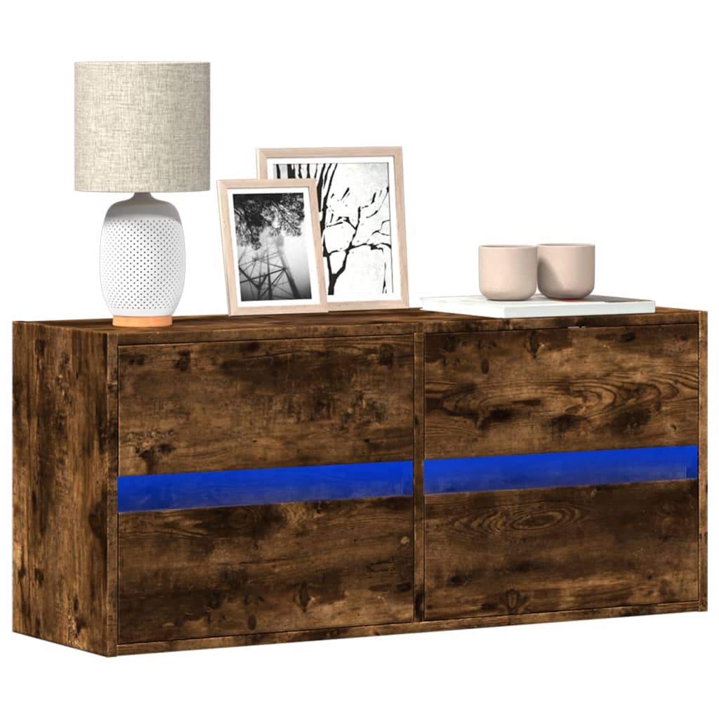 vidaXL Comodă TV de perete cu lumini LED, stejar fumuriu, 100x31x45 cm vidaXL Comodă TV de perete cu lumini LED, stejar fumuriu, 100x31x45 cm