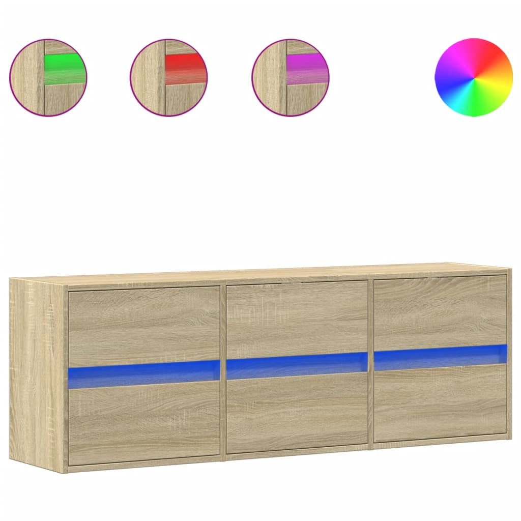 vidaXL Comodă TV de perete cu lumini LED, stejar sonoma, 130x31x45 cm vidaXL Comodă TV de perete cu lumini LED, stejar sonoma, 130x31x45 cm