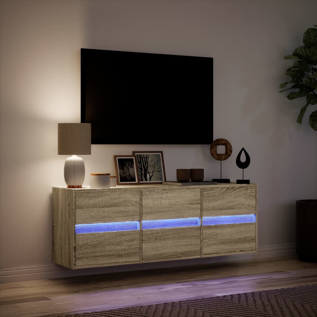 vidaXL Comodă TV de perete cu lumini LED, stejar sonoma, 130x31x45 cm vidaXL Comodă TV de perete cu lumini LED, stejar sonoma, 130x31x45 cm
