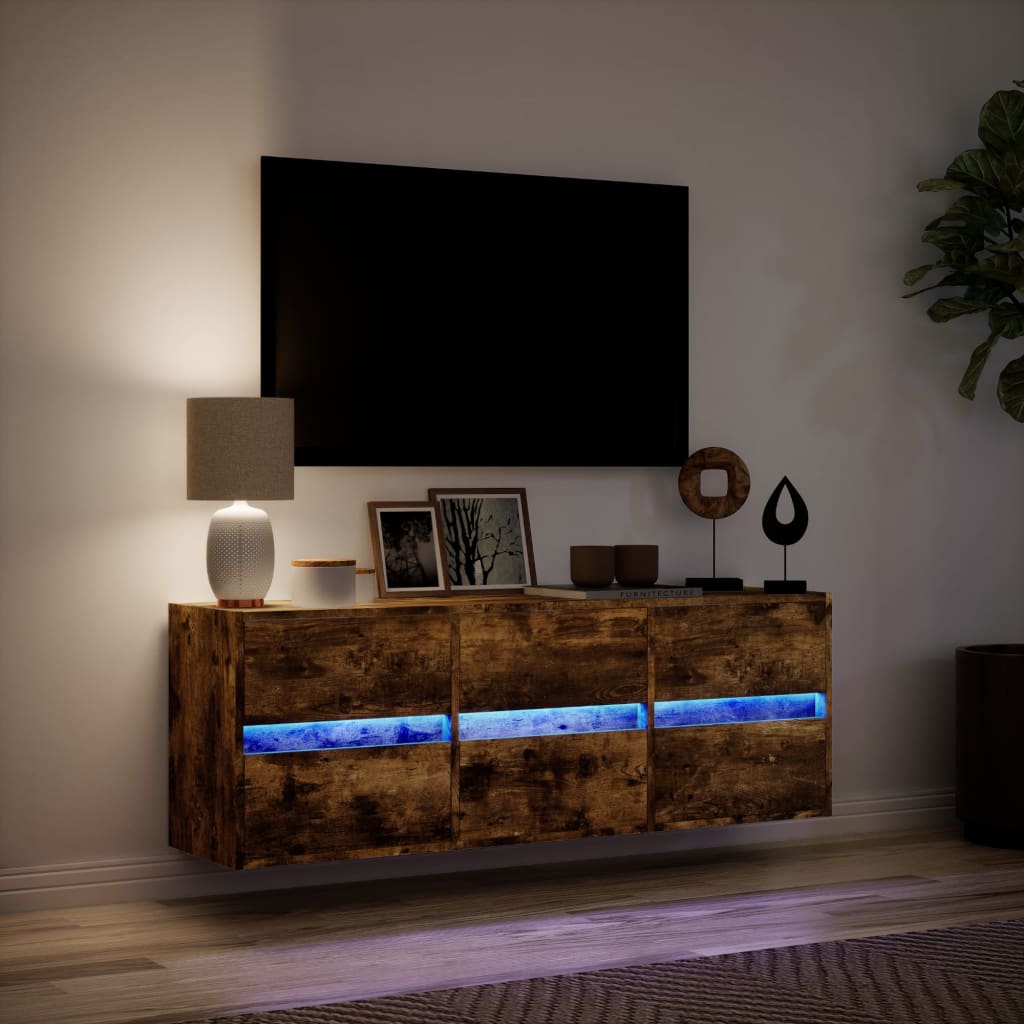 vidaXL Comodă TV de perete cu lumini LED, stejar fumuriu, 130x31x45 cm vidaXL Comodă TV de perete cu lumini LED, stejar fumuriu, 130x31x45 cm