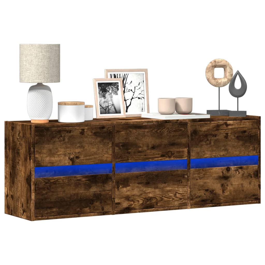vidaXL Comodă TV de perete cu lumini LED, stejar fumuriu, 130x31x45 cm vidaXL Comodă TV de perete cu lumini LED, stejar fumuriu, 130x31x45 cm