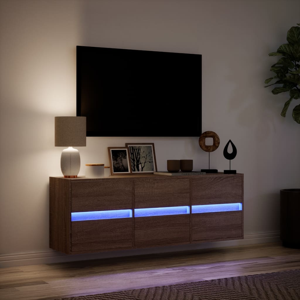 vidaXL Comodă TV de perete cu lumini LED, stejar maro, 130x31x45 cm vidaXL Comodă TV de perete cu lumini LED, stejar maro, 130x31x45 cm