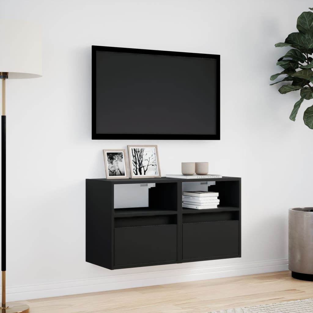 vidaXL Comode TV de perete cu lumini LED, 2 buc., negru, 41x31x45 cm