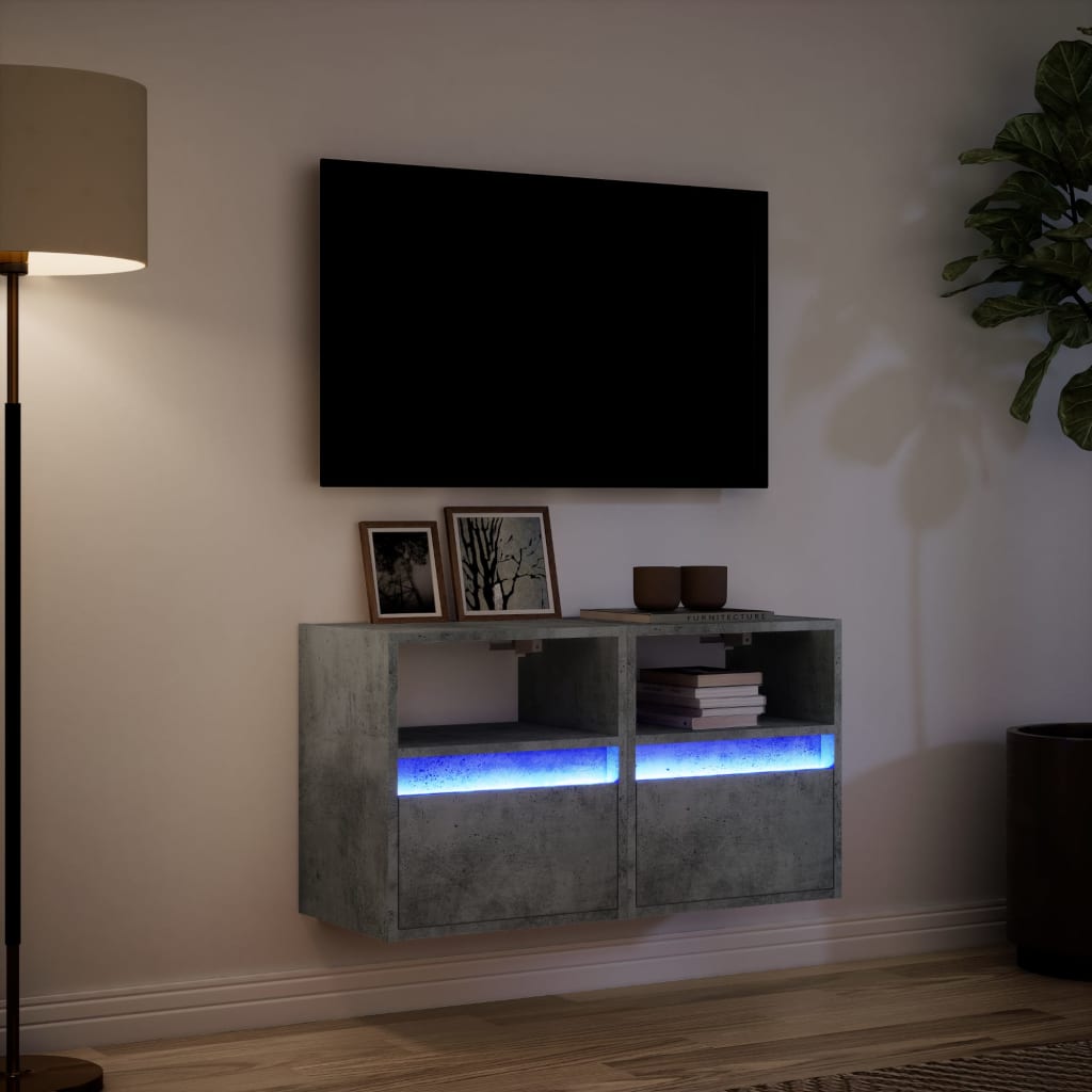 vidaXL Comode TV de perete cu lumini LED 2 buc. gri beton 41x31x45 cm
