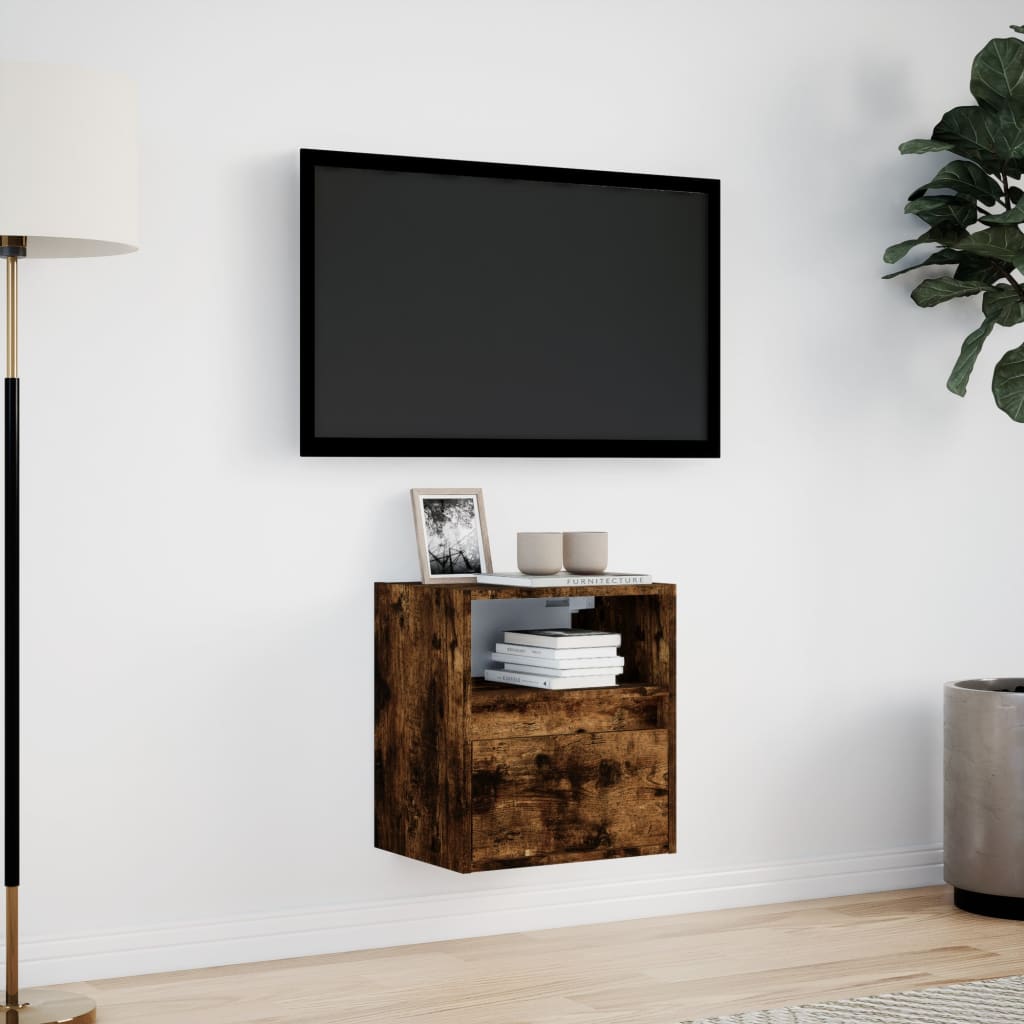 vidaXL Comodă TV de perete cu lumini LED, stejar fumuriu, 41x31x45 cm vidaXL Comodă TV de perete cu lumini LED, stejar fumuriu, 41x31x45 cm