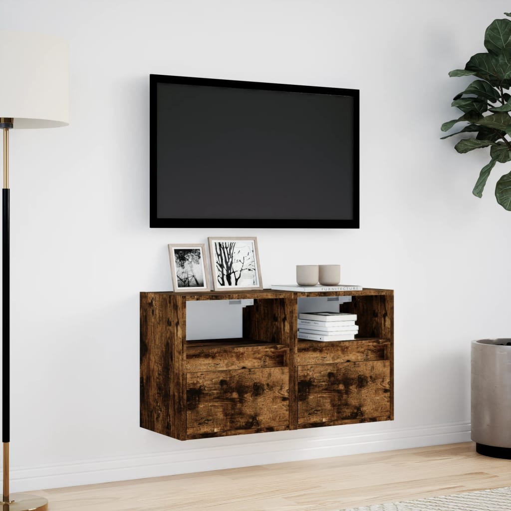vidaXL Comodă TV de perete cu LED, 2 buc. stejar fumuriu, 41x31x45 cm vidaXL Comodă TV de perete cu LED, 2 buc. stejar fumuriu, 41x31x45 cm