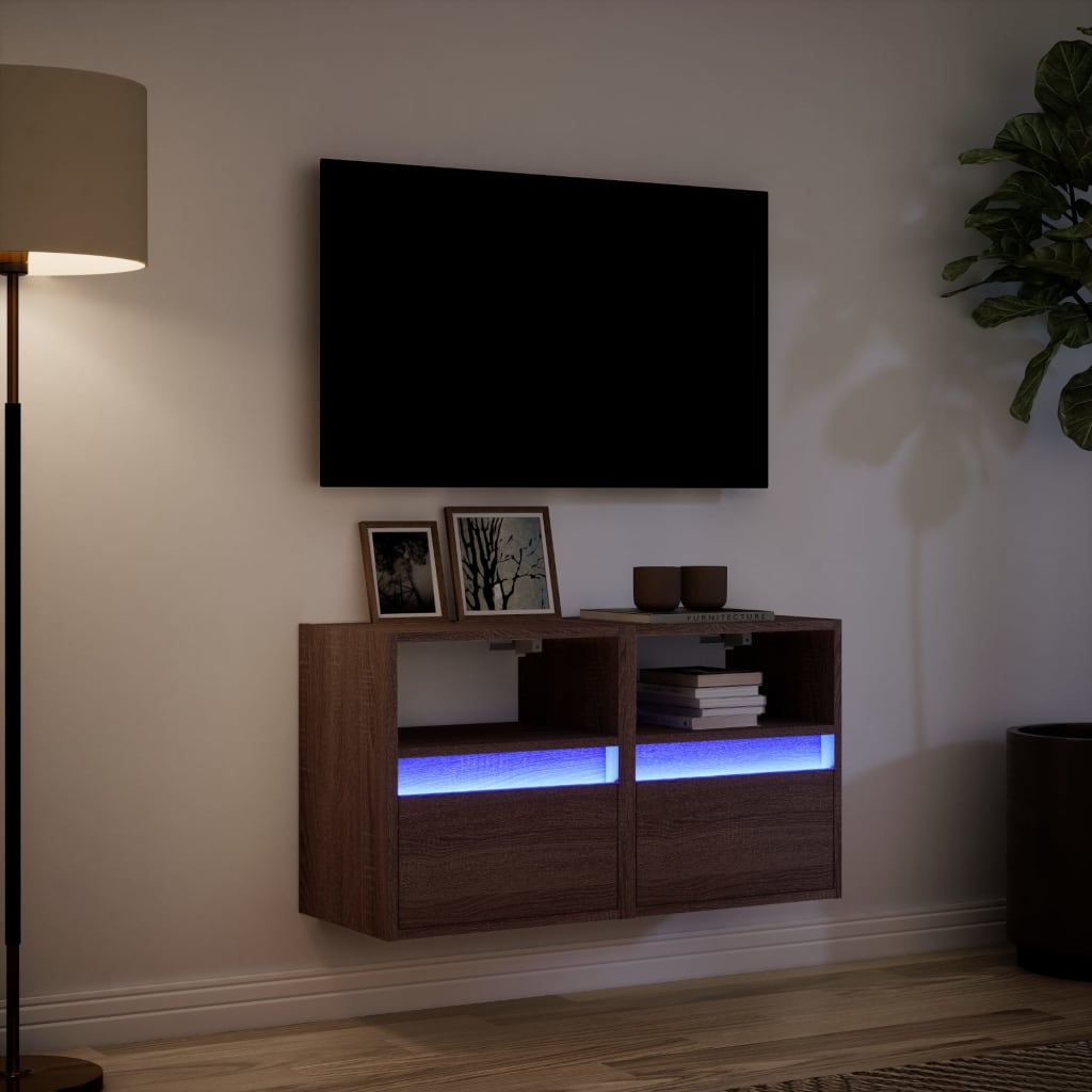 vidaXL Comodă TV de perete cu LED, 2 buc. stejar maro, 41x31x45 cm vidaXL Comodă TV de perete cu LED, 2 buc. stejar maro, 41x31x45 cm