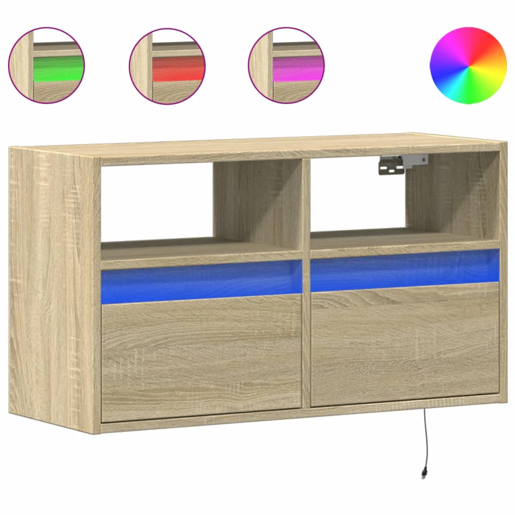 vidaXL Comodă TV de perete cu lumini LED, stejar sonoma, 80x31x45 cm