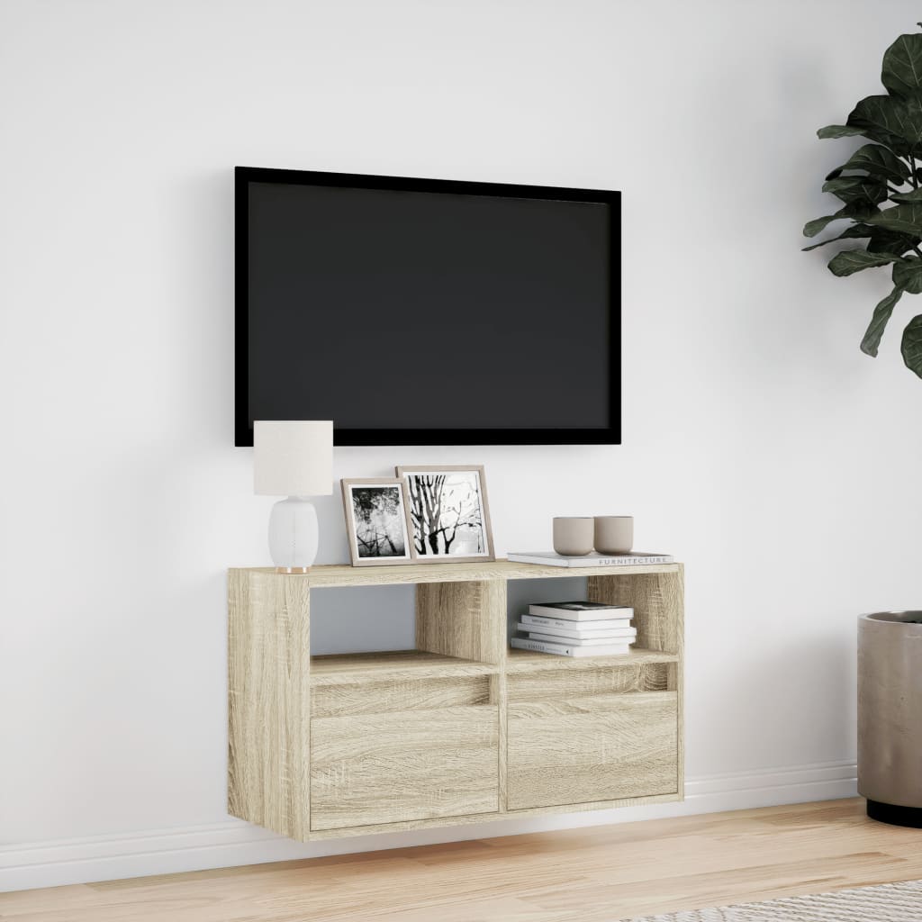 vidaXL Comodă TV de perete cu lumini LED, stejar sonoma, 80x31x45 cm