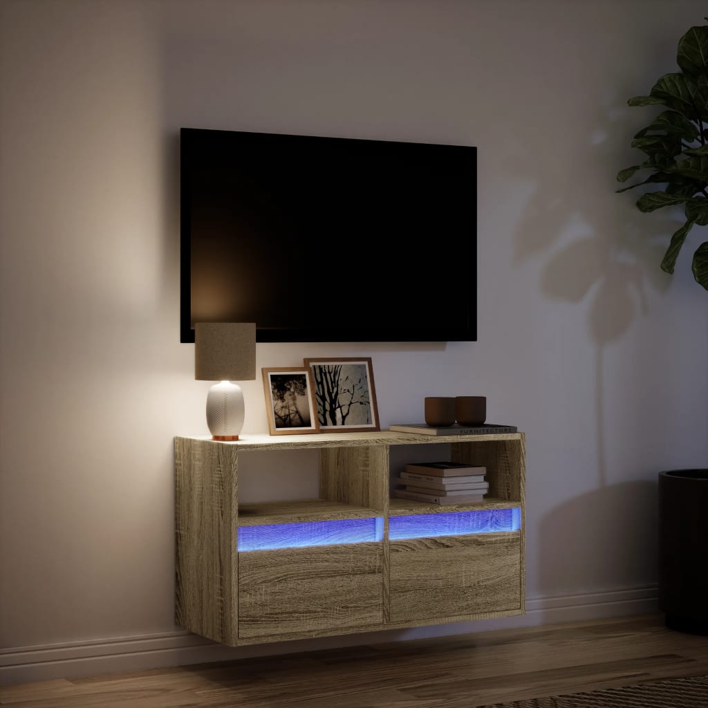 vidaXL Comodă TV de perete cu lumini LED, stejar sonoma, 80x31x45 cm