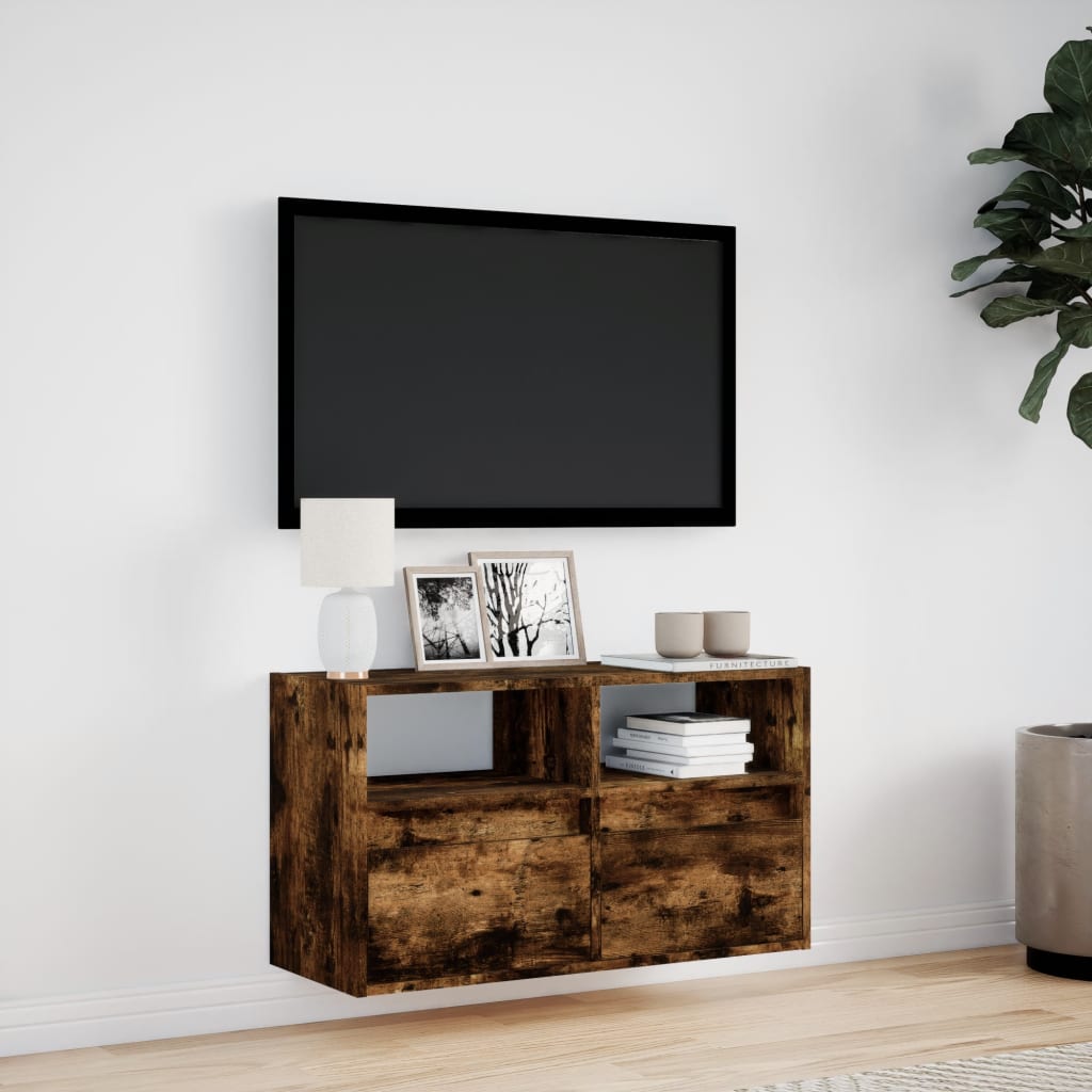 vidaXL Comodă TV de perete cu lumini LED, stejar fumuriu, 80x31x45 cm vidaXL Comodă TV de perete cu lumini LED, stejar fumuriu, 80x31x45 cm