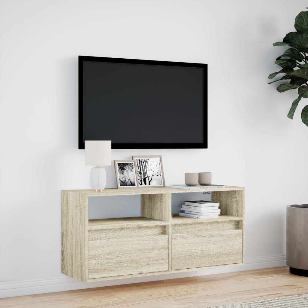 vidaXL Comodă TV de perete cu lumini LED, stejar sonoma, 100x31x45 cm vidaXL Comodă TV de perete cu lumini LED, stejar sonoma, 100x31x45 cm