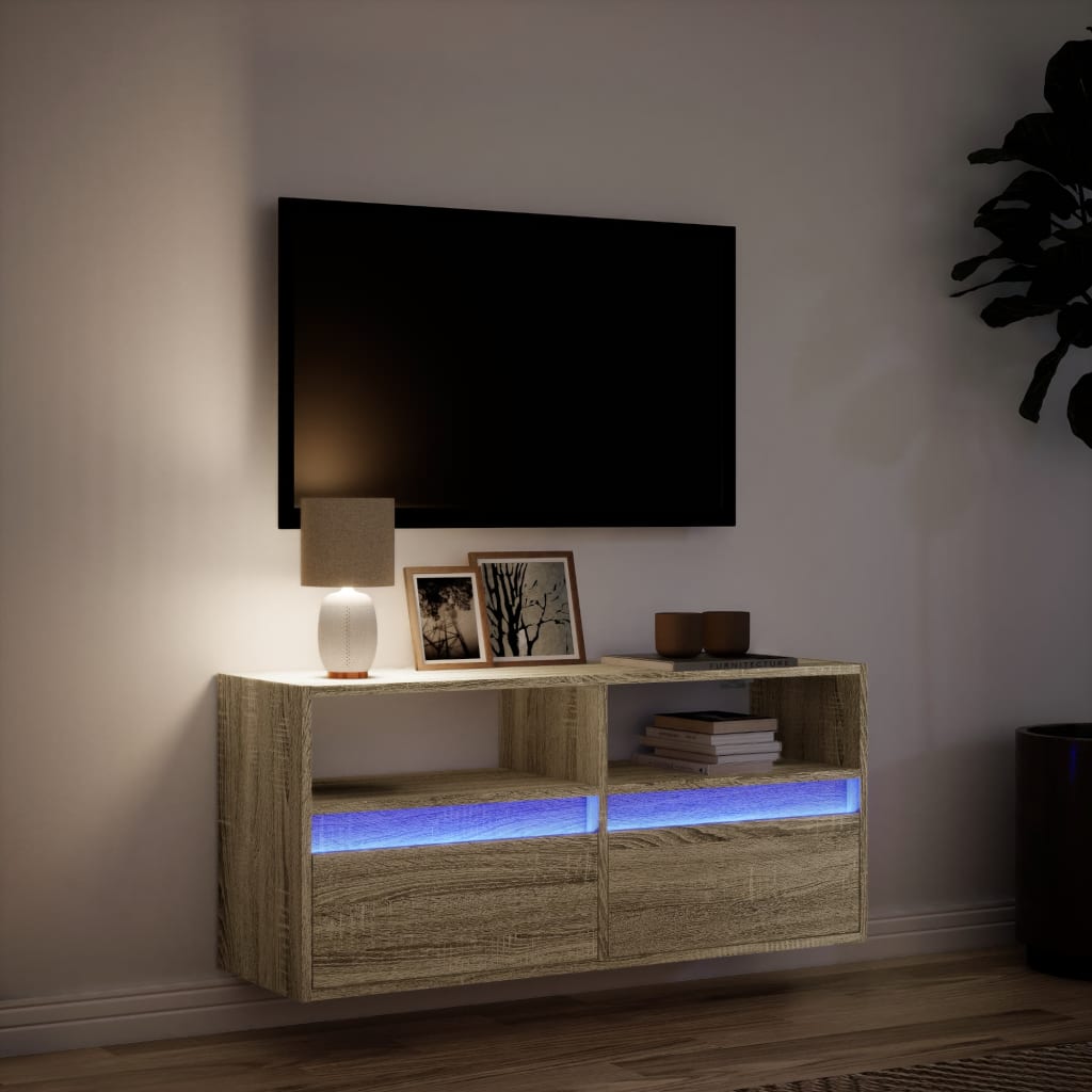 vidaXL Comodă TV de perete cu lumini LED, stejar sonoma, 100x31x45 cm vidaXL Comodă TV de perete cu lumini LED, stejar sonoma, 100x31x45 cm