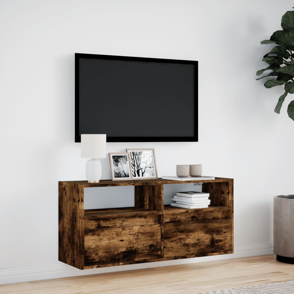 vidaXL Comodă TV de perete cu lumini LED, stejar fumuriu, 100x31x45 cm vidaXL Comodă TV de perete cu lumini LED, stejar fumuriu, 100x31x45 cm