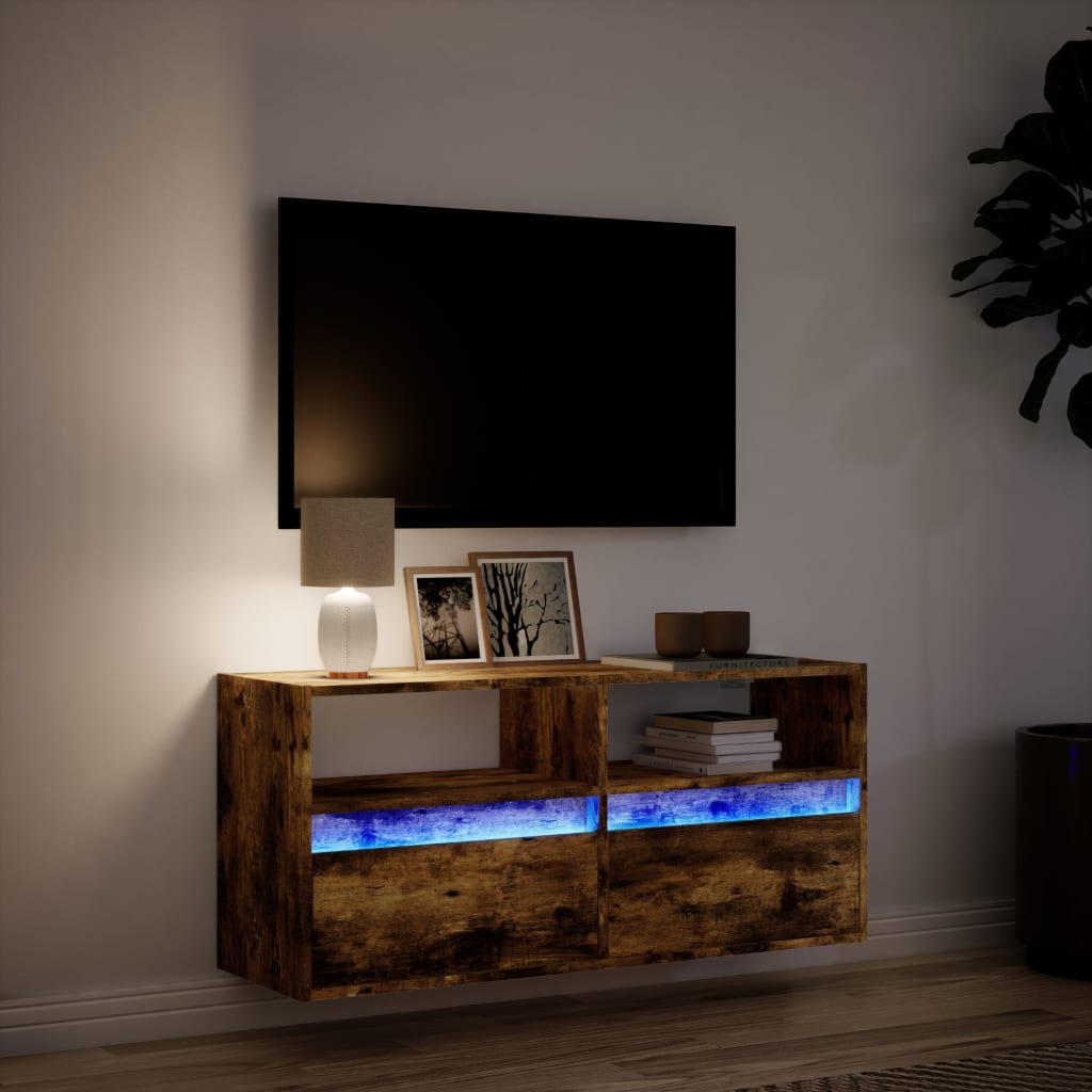 vidaXL Comodă TV de perete cu lumini LED, stejar fumuriu, 100x31x45 cm vidaXL Comodă TV de perete cu lumini LED, stejar fumuriu, 100x31x45 cm